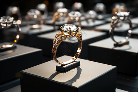 橱窗中璀璨的钻石戒指图片