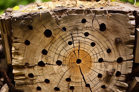 树干上昆虫冬眠的巢穴图片