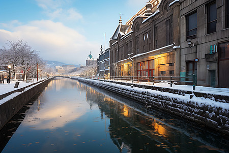 美丽小镇冬季白雪覆盖的欧洲小镇建筑背景