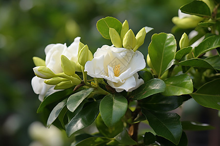 阳光绿叶上的一朵白花背景图片