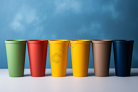彩色杯子排列在桌图片