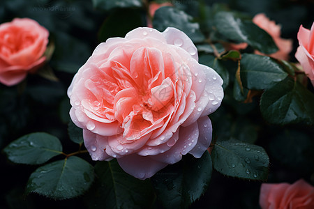 玫瑰花上湿润的水珠背景图片