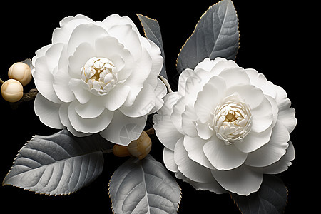 两朵白花在黑色背景上图片