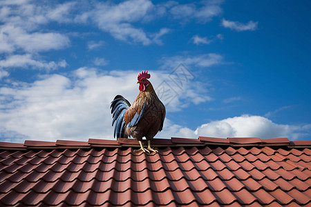 一只彩色公鸡站在屋顶上图片