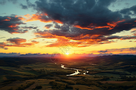 日落时分的山谷河流图片