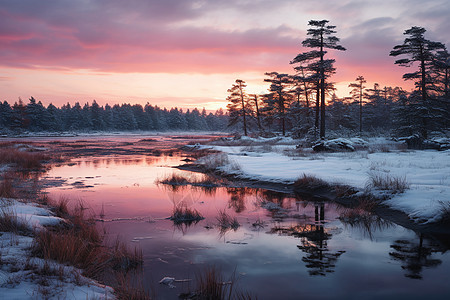 冬日湖畔夕阳美景图片