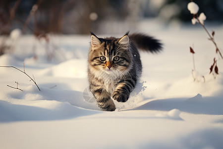 户外雪地玩耍的宠物猫咪图片