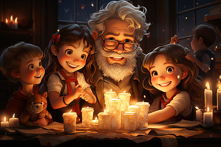 烛光前温馨的老人与孩子图片