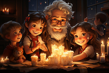 烛光前温馨的老人与孩子背景图片