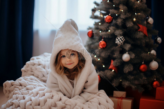 圣诞树前可爱的外国小女孩图片