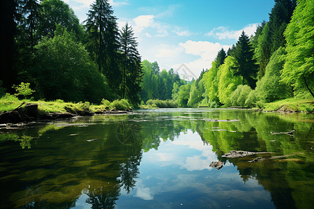 宁静的森林湖泊景观图片