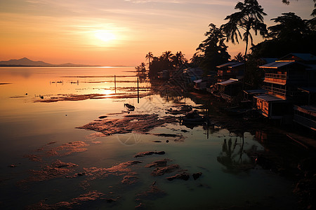 夕阳下的渔村图片
