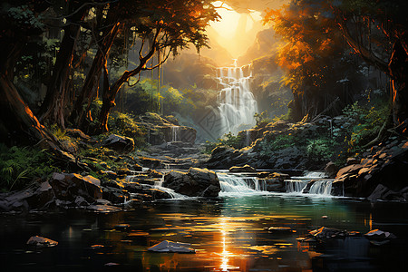 阳光下美丽的河流瀑布景观图片