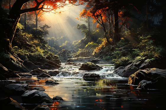 阳光照耀下的林中河流景观图片