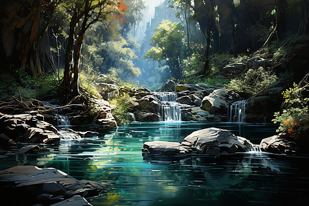 山间宁静的河流景观插图图片