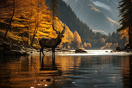 秋季山间河流中的野鹿图片
