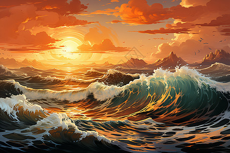 日落时波涛汹涌的海洋景观图片
