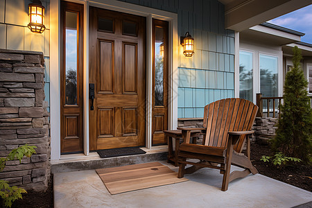 门廊前的木质椅子背景图片