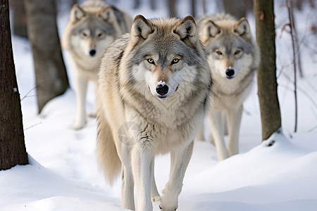 三只狼在雪地里高清图片