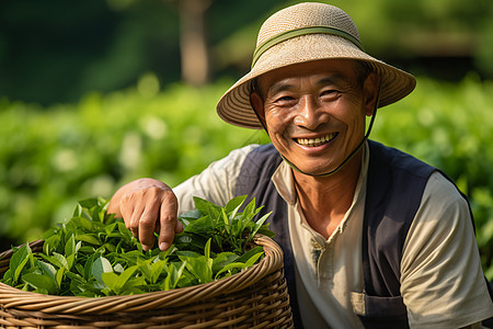 悠然茶农在田间采茶图片