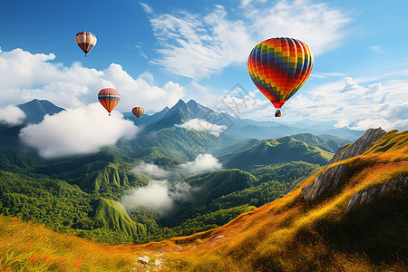 翱翔山峦的热气球图片