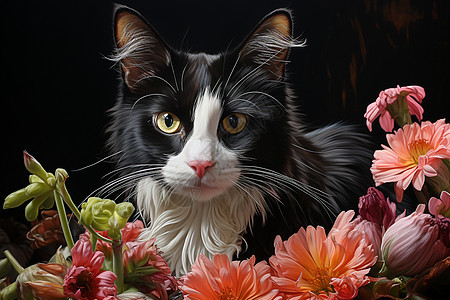 花朵和猫咪的油画图片