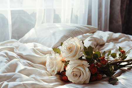 婚姻与家庭白玫瑰花束在一张床上背景