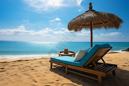 海边蓝天下的沙滩椅图片
