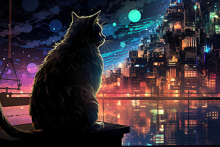 猫咪坐在夜晚的城市图片