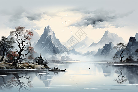 山水飘渺水墨画背景图片