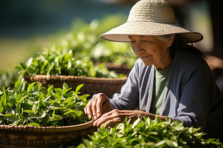 茶农微笑采摘茶叶图片