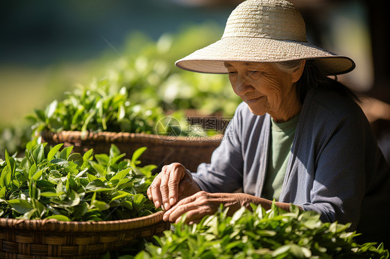 茶农微笑采摘茶叶图片