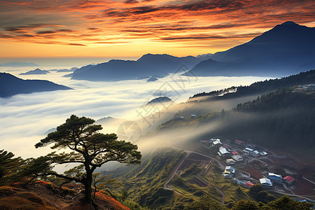 远山林中云雾缭绕的风景高清图片