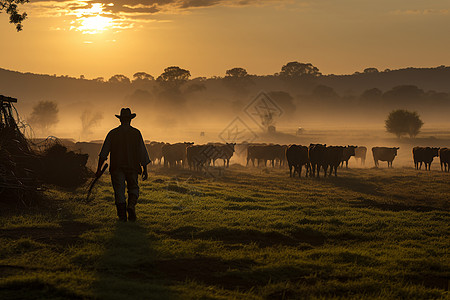 清晨放牧的农民高清图片