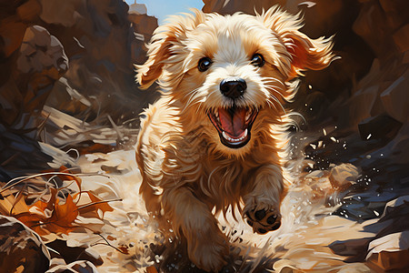 欢乐的小狗在岩石区奔跑图片