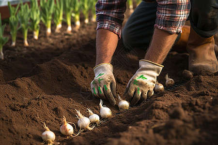 在土壤里种植大蒜的农民图片