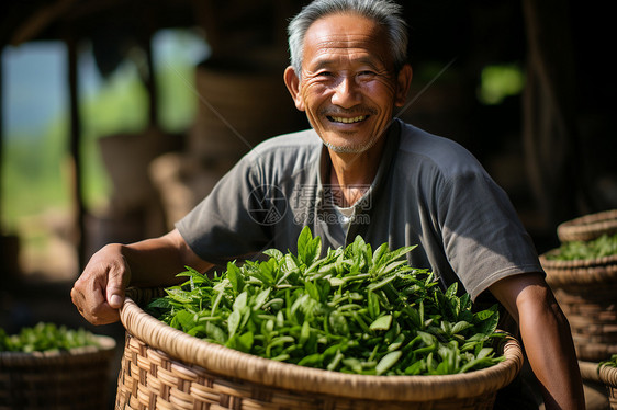 茶农微笑收获茶叶图片