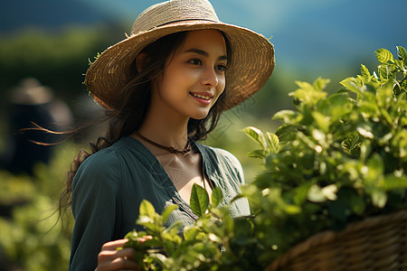 茶叶工艺亭亭玉立的女茶农背景