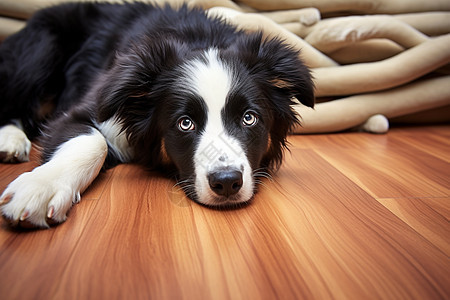 黑白小狗在木地板上图片