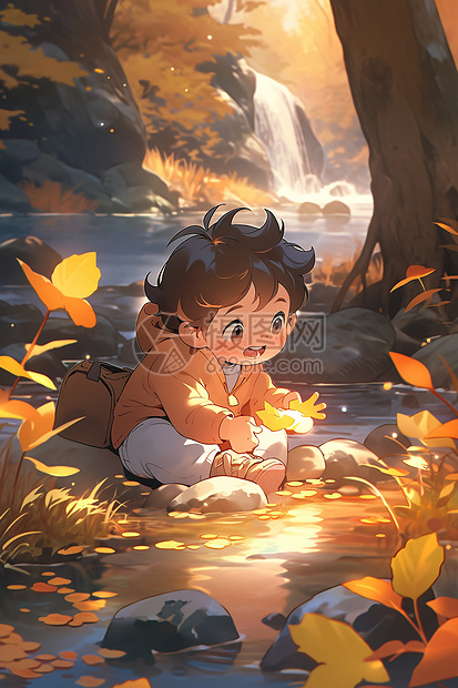秋日河岸的小男孩图片