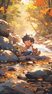 秋日河畔的男孩玩耍图片