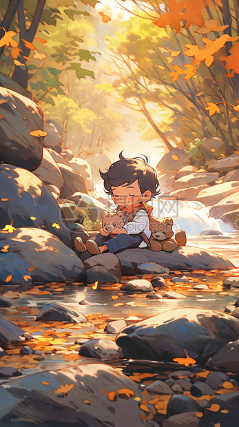秋日河畔的男孩玩耍图片