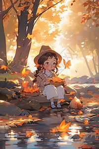 秋日河畔的可爱小姑娘图片