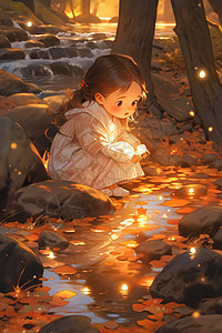 秋日河畔的可爱小女孩图片