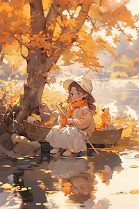 秋叶下的女孩图片