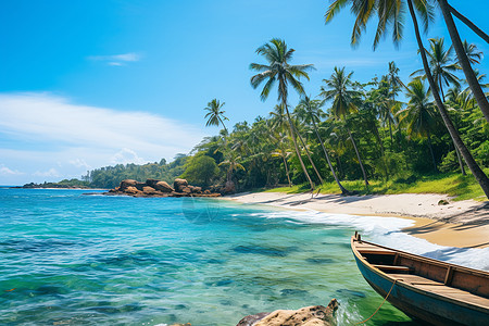 热带小岛热带沙滩上的渔船背景