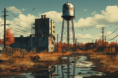 水塔高耸于一个庞大的工业区图片