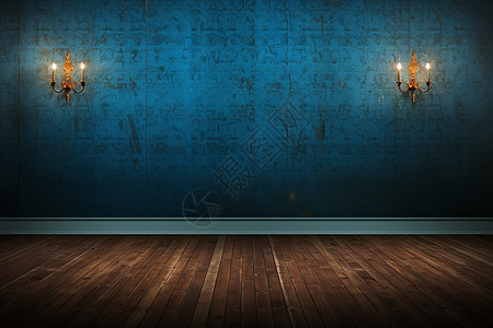 蓝色墙上的光照木地板图片