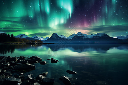 冰岛的极光悠然凝视湖面星空璀璨背景设计图片