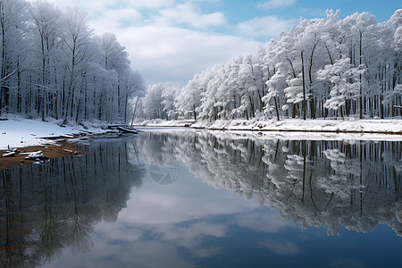 冬日神奇白色森林湖泊图片